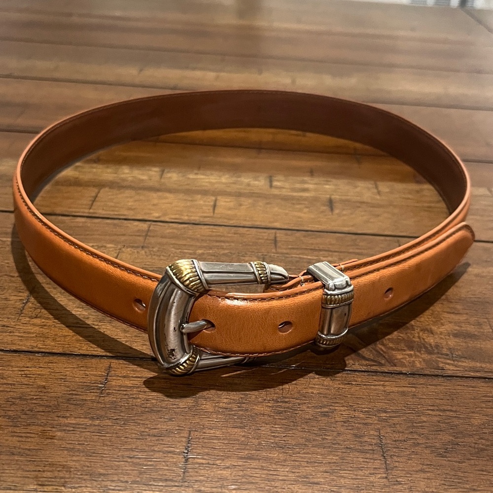 Fossil belt genuine leather tan with silver and gold colored belt buckle